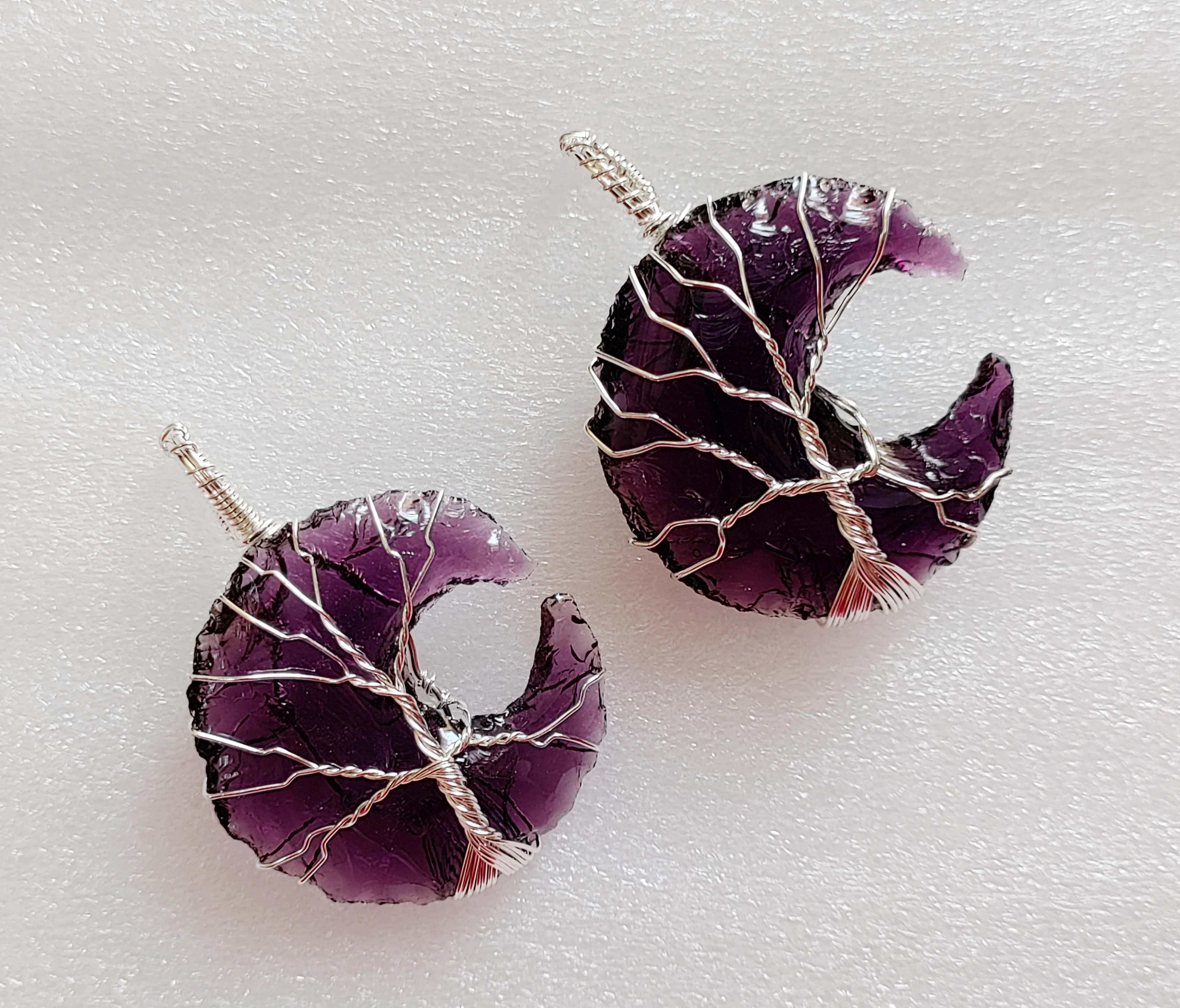 Wholesale Natural Amethyst Stone Pendants & Necklace Hand Knapped Crescent Moon & Tree of Life Wire Wrapped Moon Shape Design