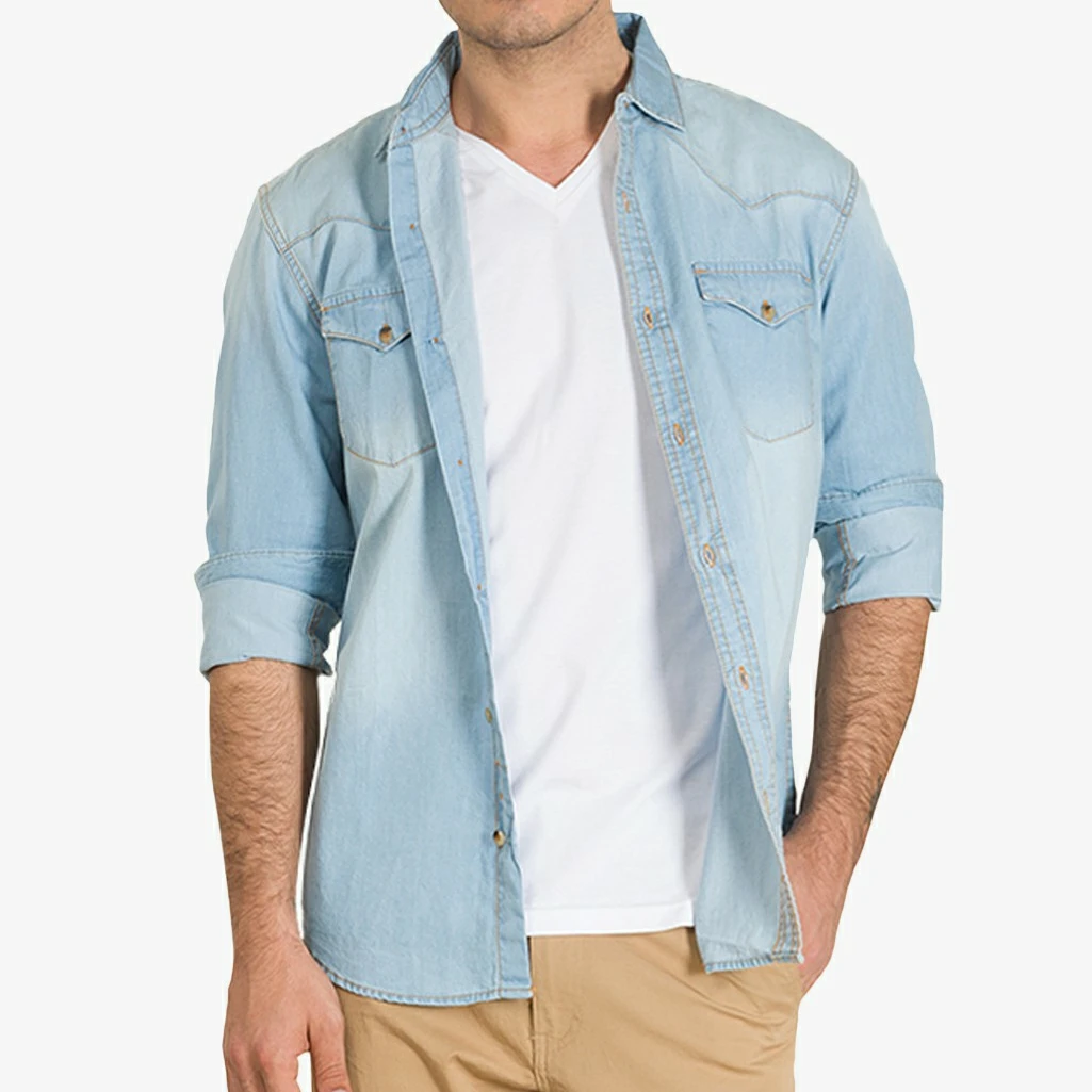 100% Cotton two pockets jeans washed denim shirts indigo light blue jeans shirts