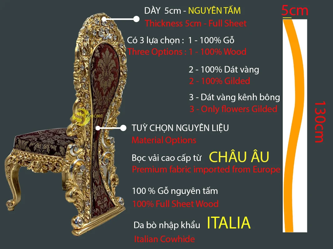 Louis Lusso Royal Dining Chair Italian gold inlaid and high quality fabric cover