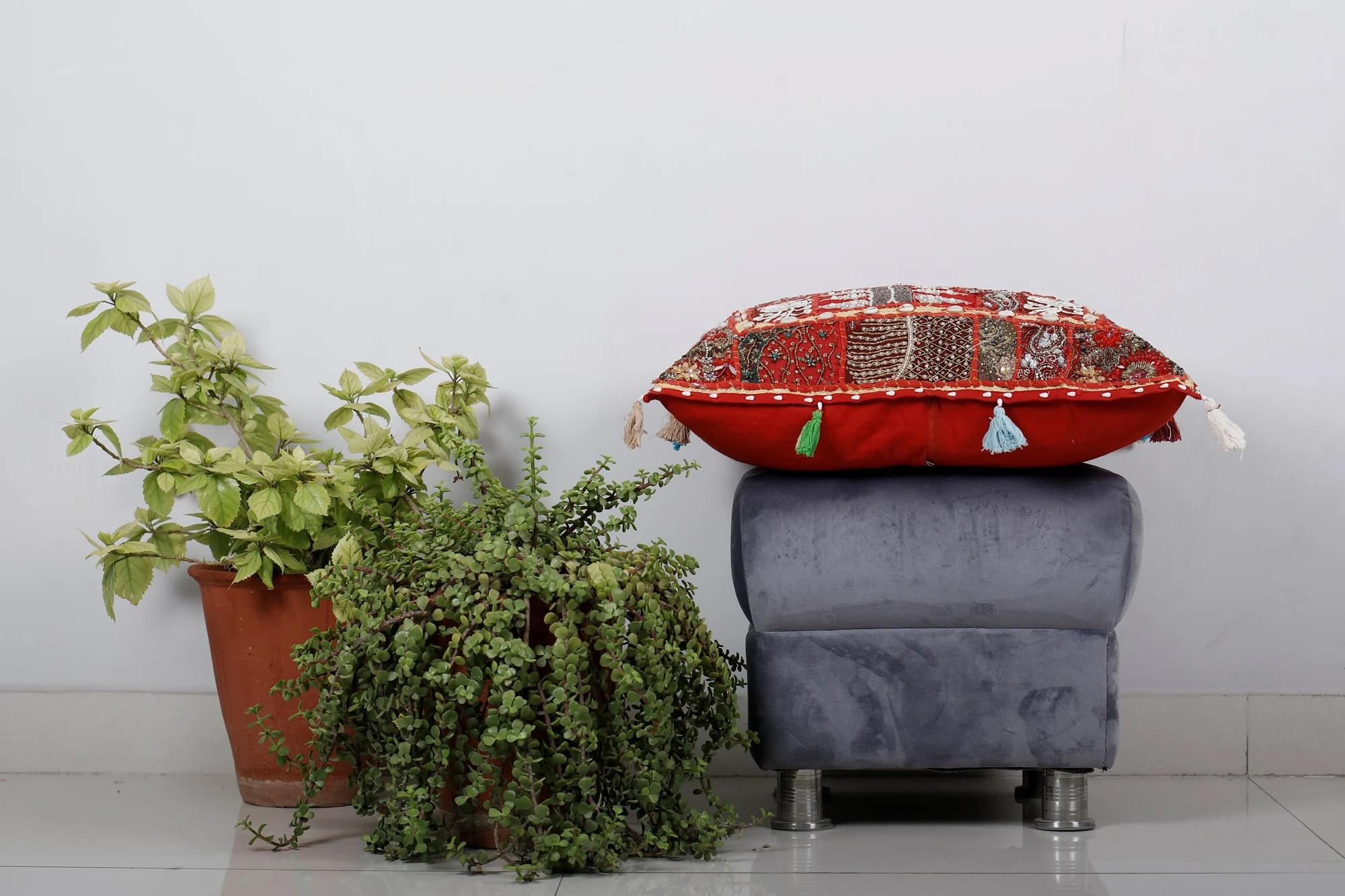 Indian Handmade Pillow Cover Vintage Patchwork Cushion Cover Traditional Pillow Case Tasseled Embroidered Cushion Cover