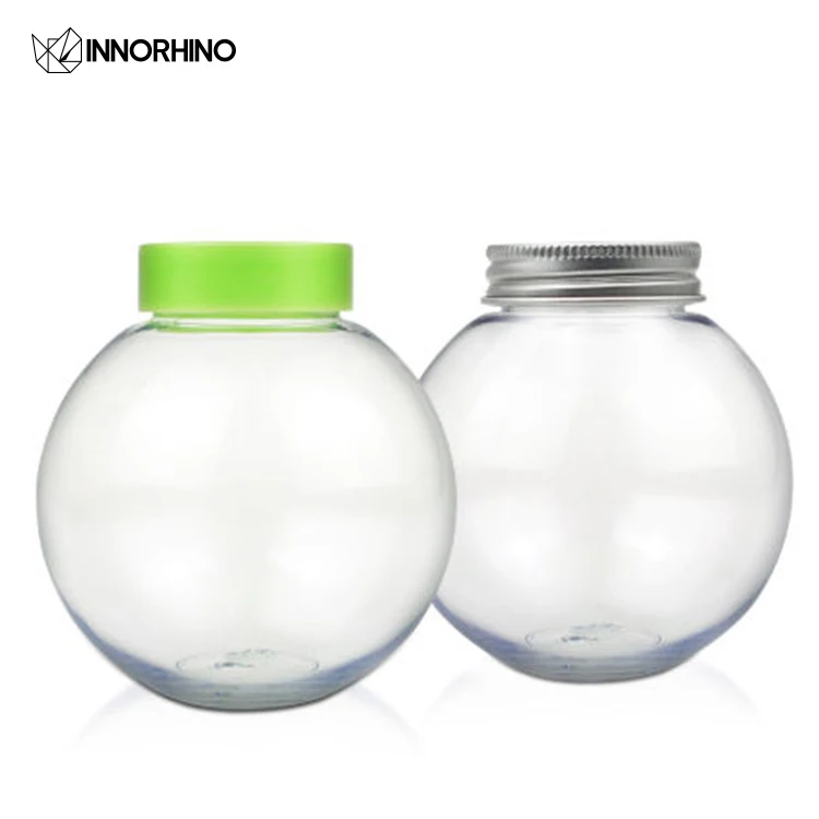 Food Grade HDPE PET Ball Shape Jar Empty Storage Container Round Clear Plastic Jars with Aluminum Lids