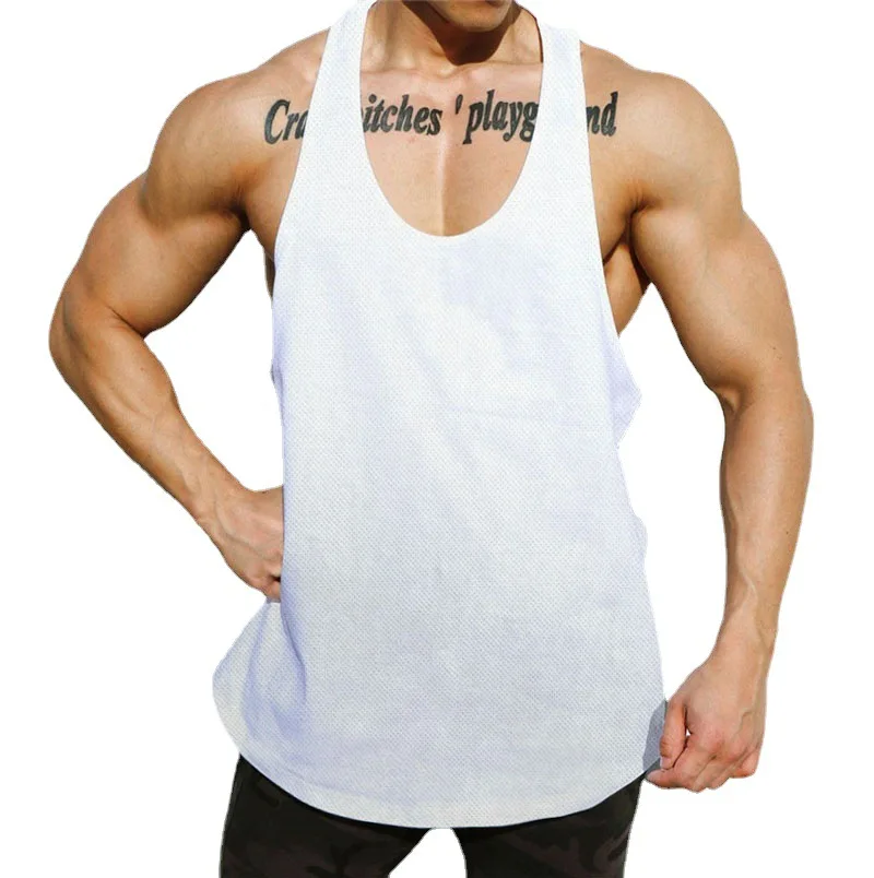 Drop shipping mesh polyester athletic wear gym stringer vest mens bodybuilding fitness tank tops