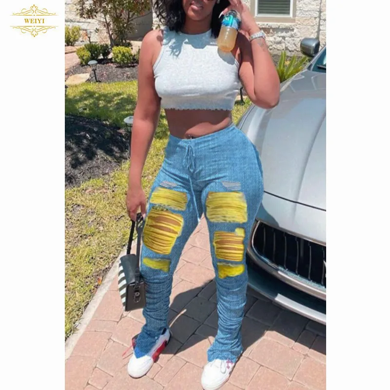
New arrival Women Flare Jeans Full Length Denim Flare Capris Pants Pocket Holes Bell Bottom Trousers Boot Cut Ruffle Denim Pants 