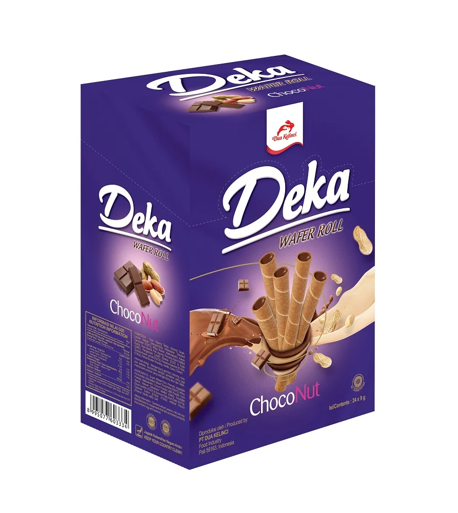 DUA KELINCI - DEKA - WAFER ROLL GENERAL TRADE PACKAGING CHOCOLATE PEANUT FLAVOR SNACK INDONESIA 216 GR