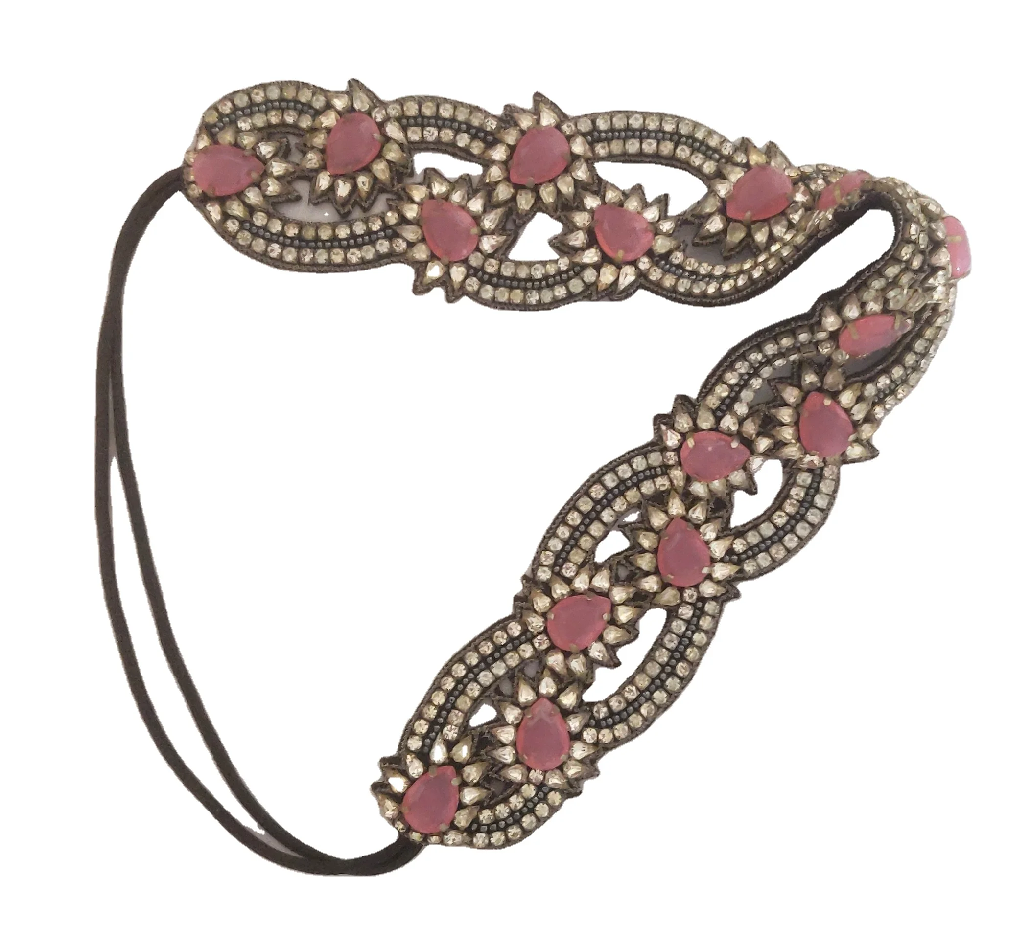 Opal Pink Stones Made Festive Wear Hand Embroidered Hairband Scallop Design Fashion Hairbands for Girls at Bulk Price