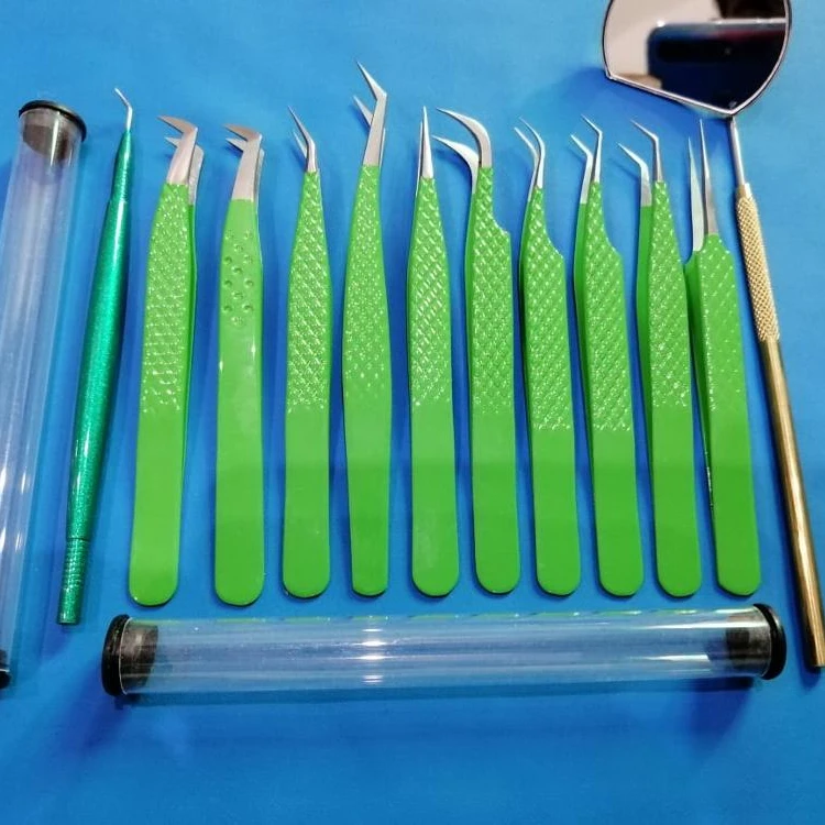 
Green 10 Tweezers Set With Mirror pakistan coated eyelash extension tweezers set with private labeL Under your private logo 