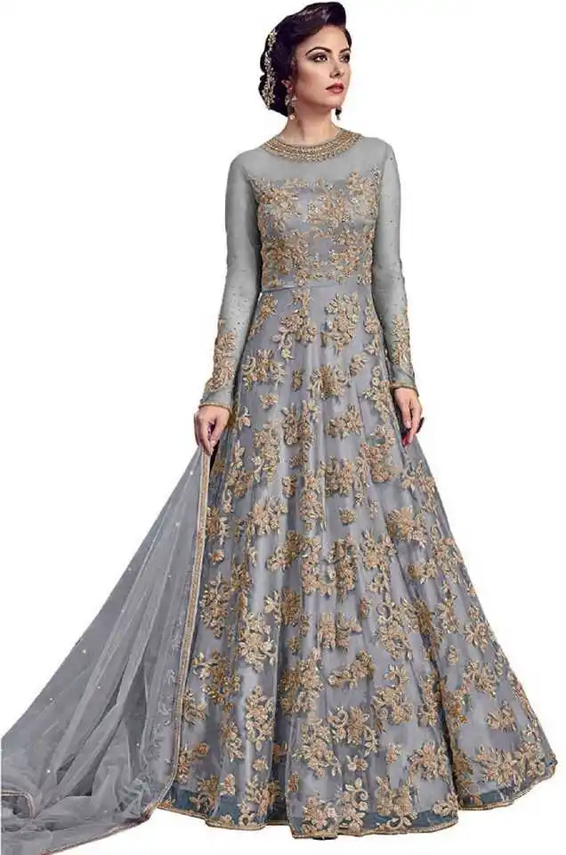 NEW DESIGNER EMBROIDERED NET SEMI  STITCHED ANARKALI GOWN BY OMVAGMINE