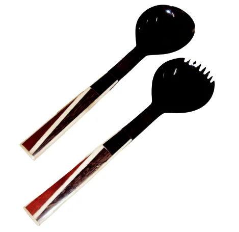 Natural Horn Salad Server With Mother of Pearl Handle 100% Natural Salad Server Set Solid Buffalo horn Fork and Spoon For Fruits
