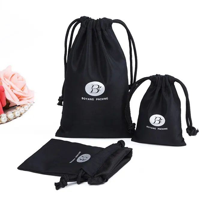 Fashion design mini black drawstring bags organic soft cotton pouches with custom logo