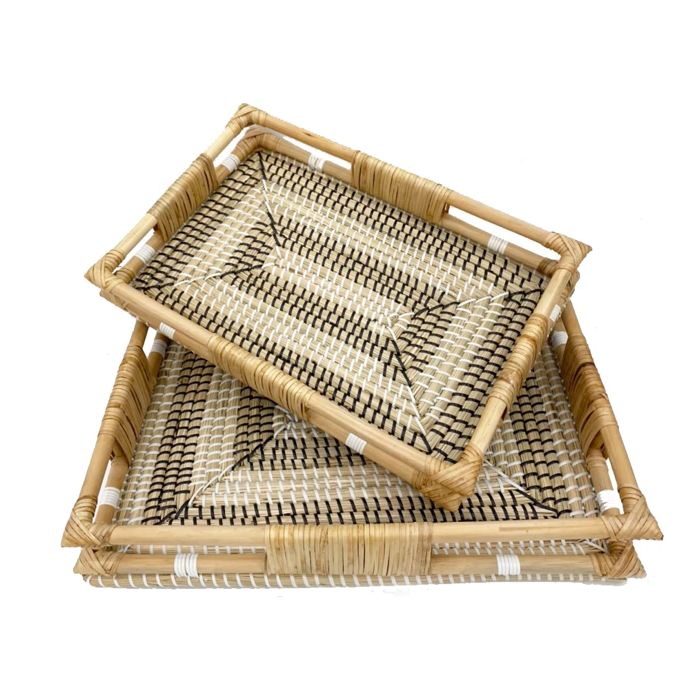 Direct exporter best quality square natural seagrass tray use woven seagrass tray for serving tray bohemian patterns set 2