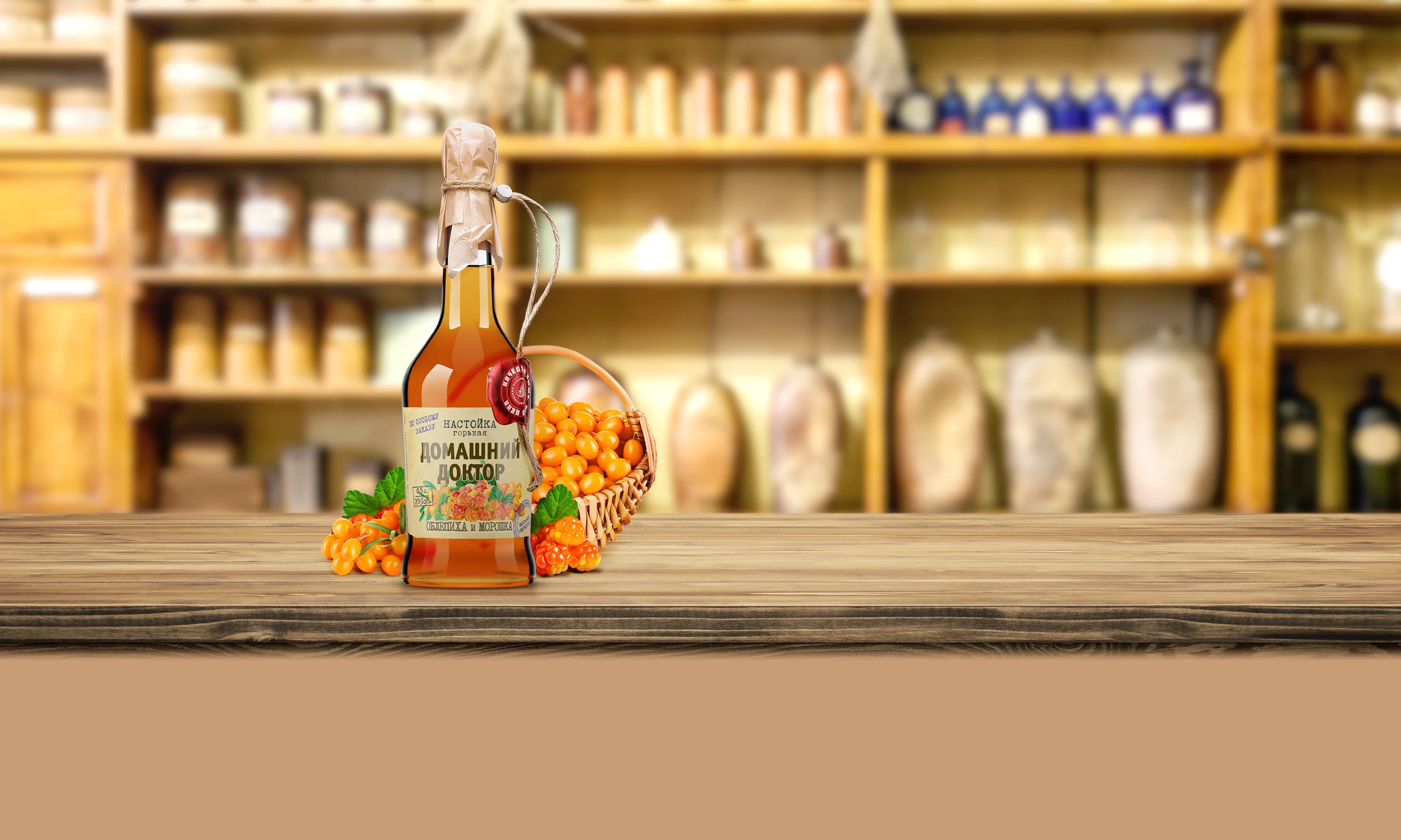 Русское натуральное сырье, стеклянная упаковка для бутылок (35% alc.) Облепиха и намотка «Family Doctor», 500 мл