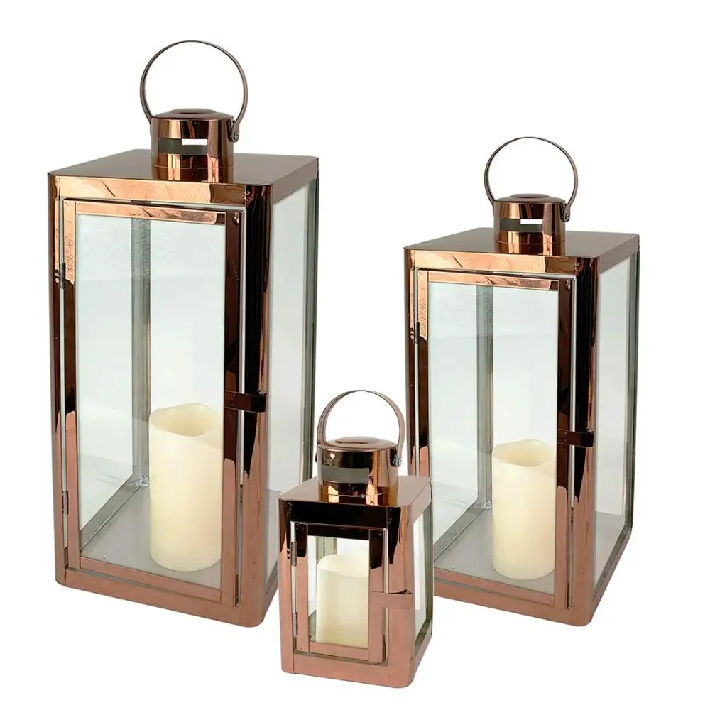 Set of 3 Garden Lanterns Stainless Steel Rose Gold / Copper Colour Lantern Set Height 22/32/46 cm Elegant Design