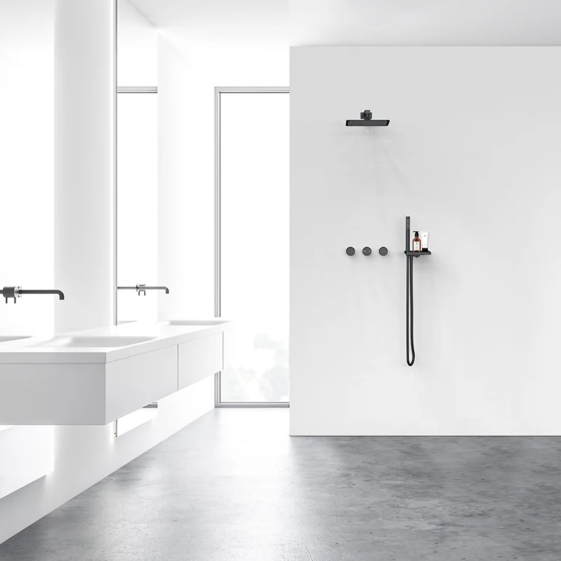 Minimalist Luxury Wall Mounted Rainfall Shower Head System 2 Way Matt Black Rain Shower Mixer Combo Set