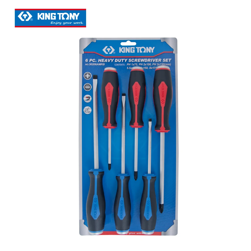 KING TONY 6 Pcs Heavy Duty Go Thru Screw Driver Set With Hammer comfortable Handle for Industrial and Commercial 30206AMRB