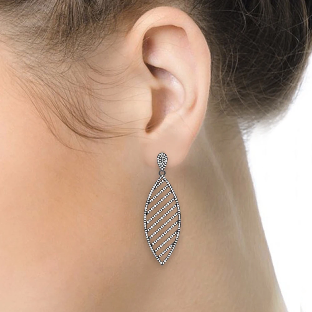 925 Silver Handmade White Pave Diamond Setting Marquise Dangle Earrings For Ladies