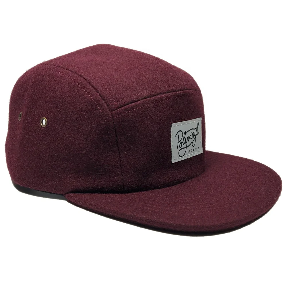 OEM claret men private woven label custom logo woolen winter 5 panel cap hats