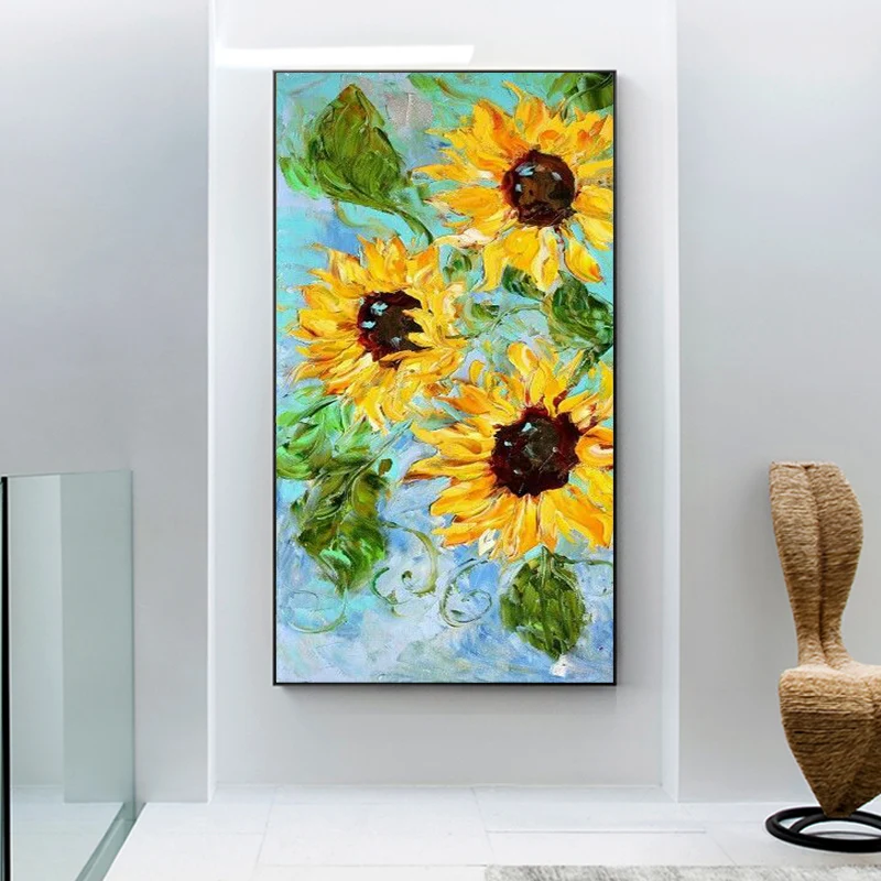 Home Restaurant Decoration Vertical Yellow Painting Large Size Pure Hand-Painted Sunflower Oil Painting