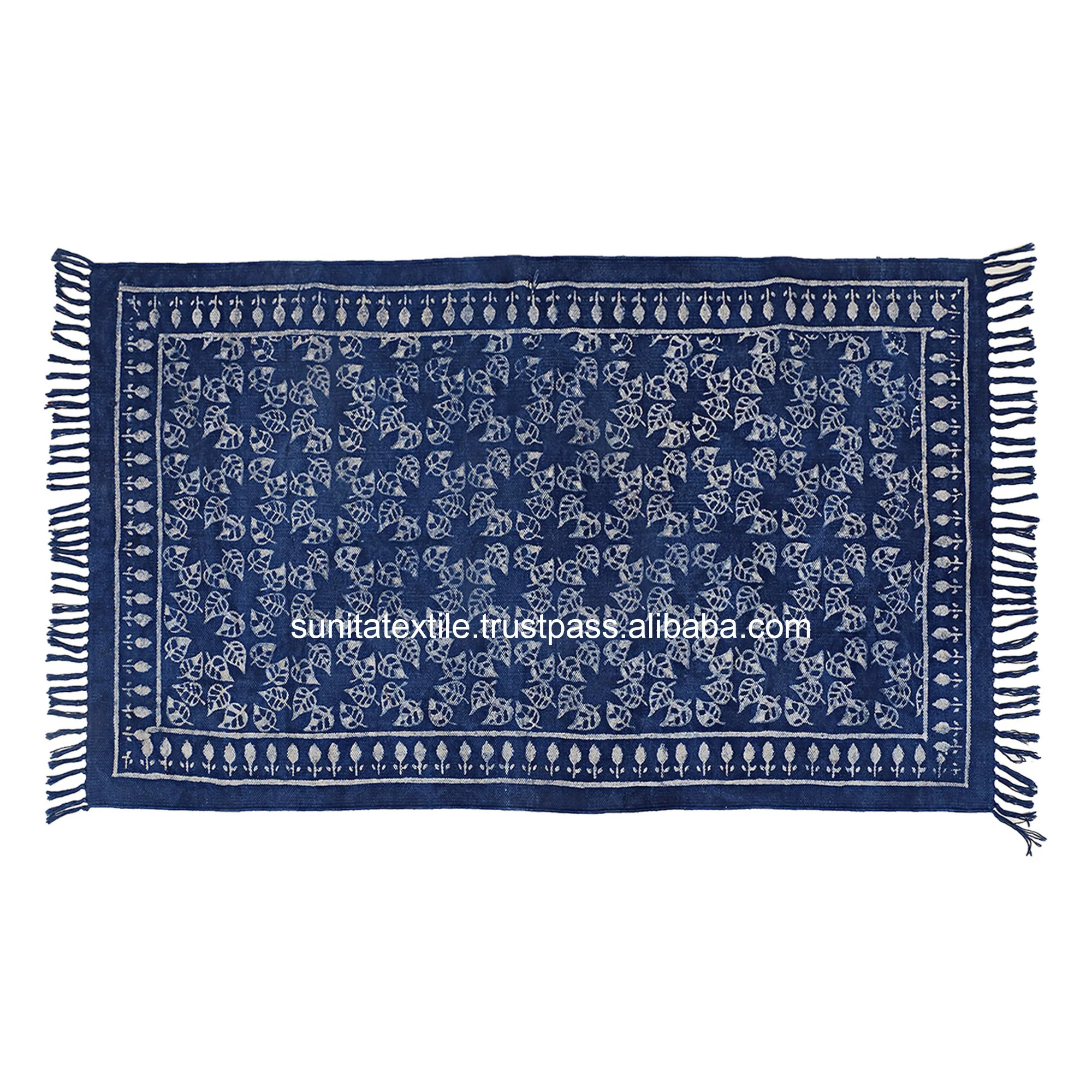 Wholesale Indian 100% Soft Cotton Handmade Bohemian Decorative Bed Runner Blue Indigo Block Printed Floor Area Outdoor Rug