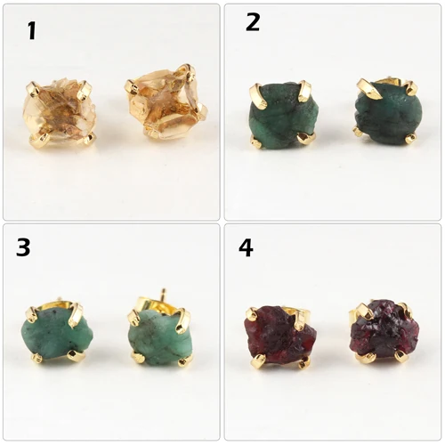 Small stud natural rough look emerald may birthstone screw back studs brass gold plated four prong setting handmade stud earring