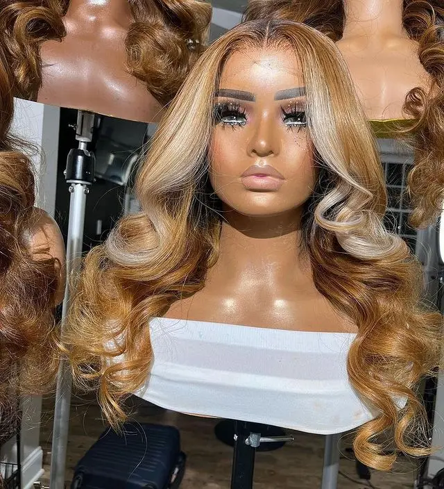 Highlighted ombre honey brown color highlighted human hair hd full lace wigs,613 blonde black highlight lace front wig