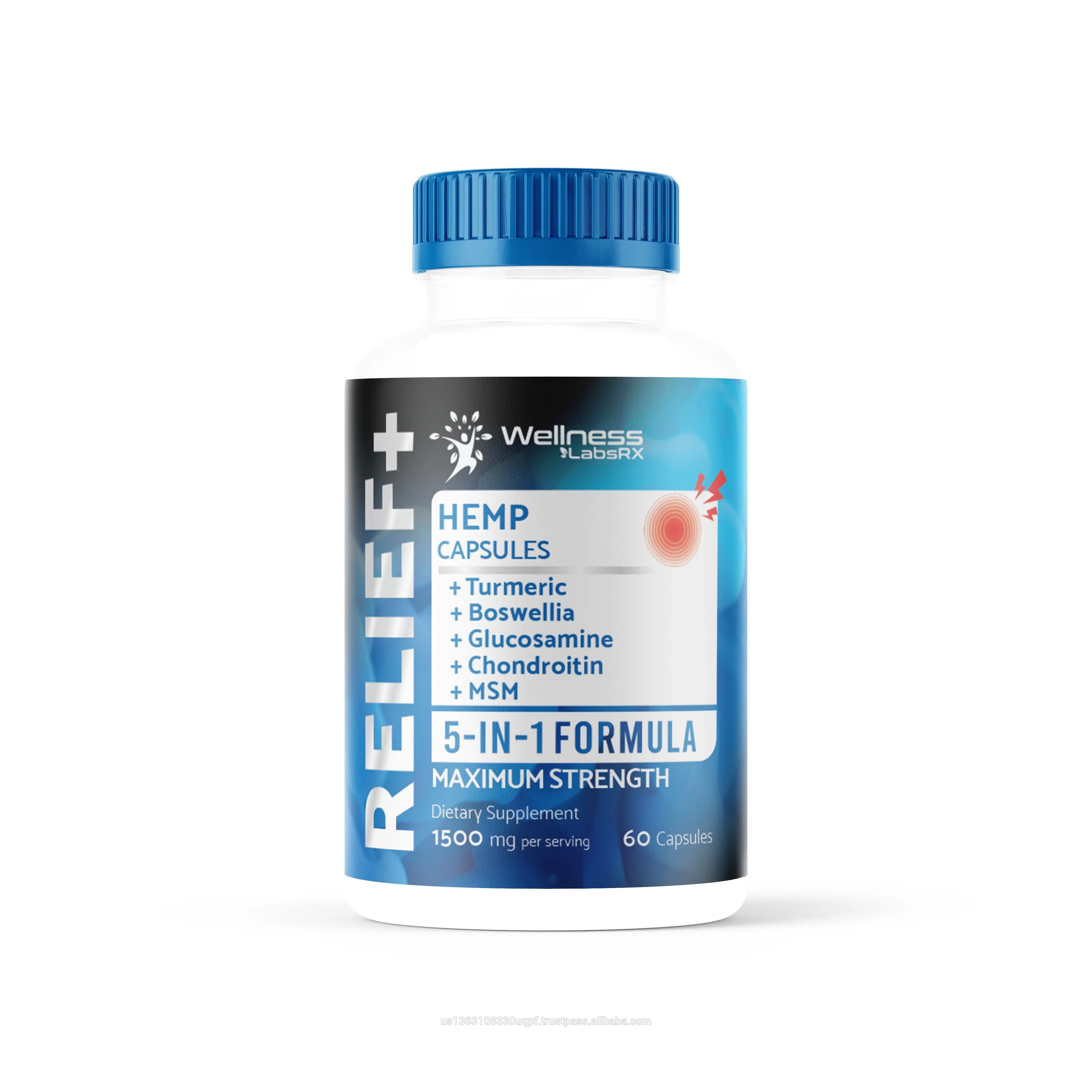 
5-pack Hemp Capsules for Inflammation, Pain Relief, Arthritis with Turmeric, Glucosamine, Chondroitin, Boswellia, MSM - 1500mg 