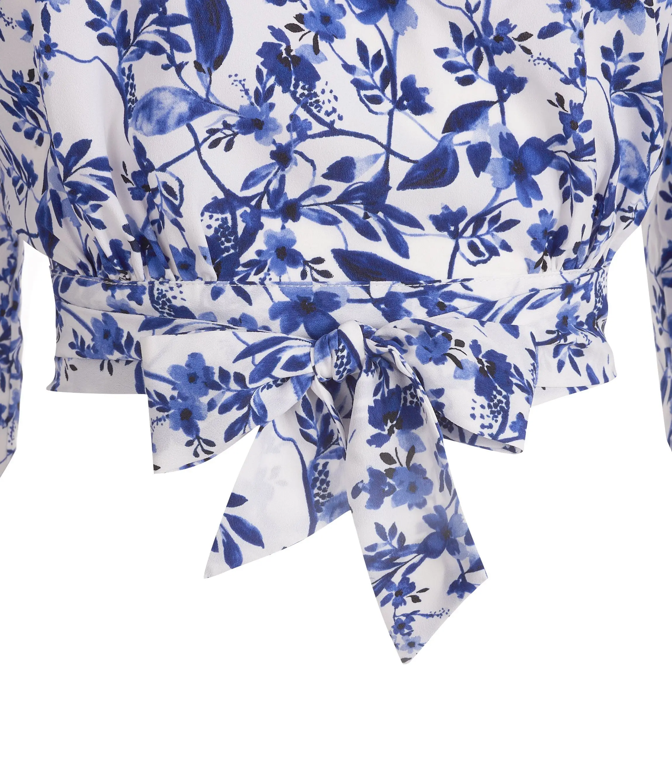 Latest Blouse in Blue Floral High Neck Tie Back Top with long Sleeve Detail Fashion Back Neck Design