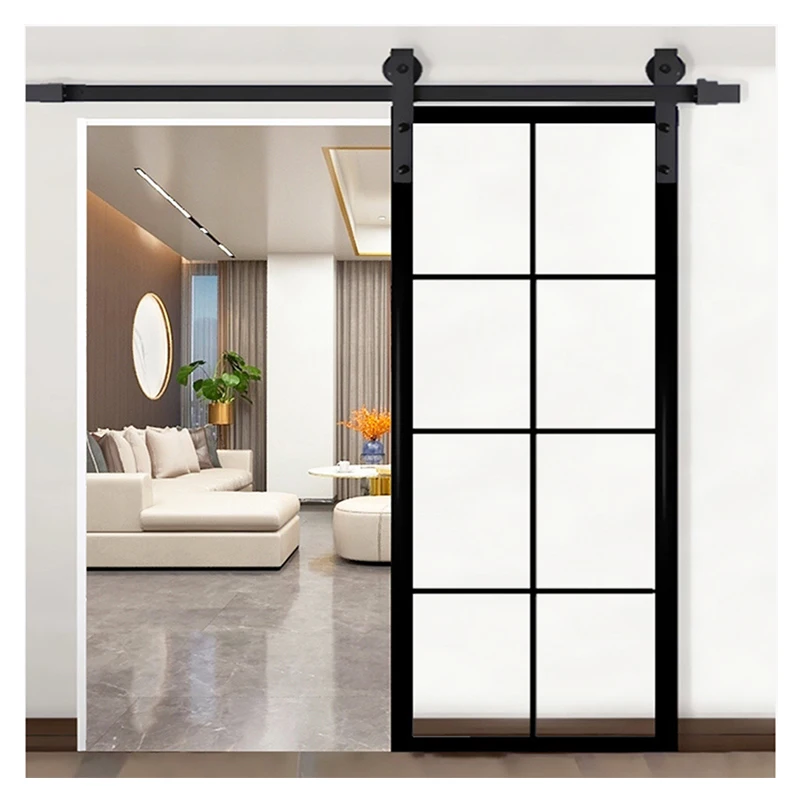 Alucasa Frosted Glass Interior Door Frameless,  Black French Aluminum Sliding Barn Door With Hardware