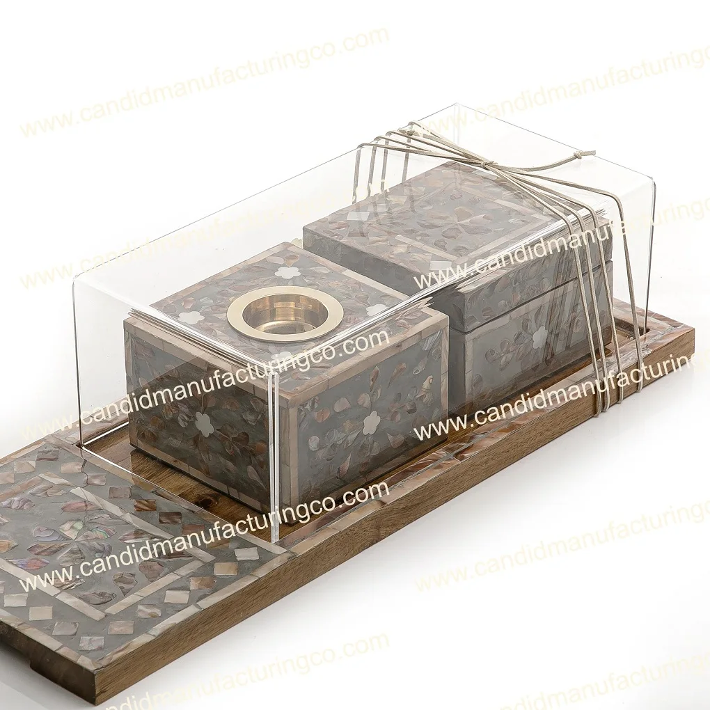 New designs 2024  Mother of Pearl Mubkhar Set Bone Inlay Tray Set With Box and Burner Incense Bakhoor Color Bone Give Away Gifts