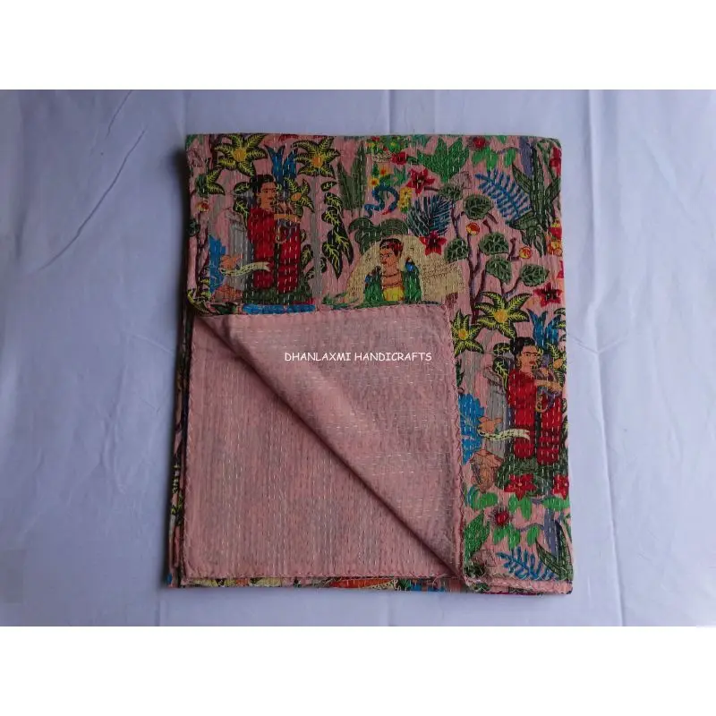 Индийская розовая Фрида Кало красивое домашнее декоративное покрывало ручной работы оптом хлопковое Kantha с принтом