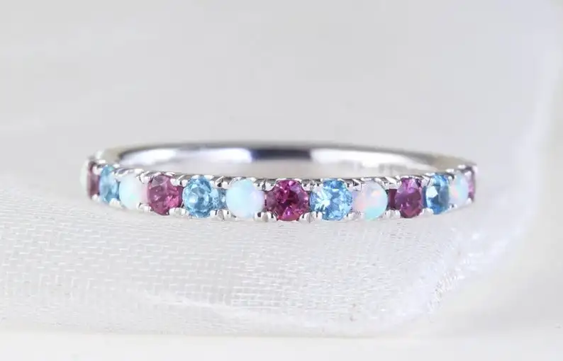 Обручальное кольцо с натуральным опалом гранатом голубым топазом обручальное подходящая повязка для нее серебро 925 пробы ювелирные изделия ручной работы