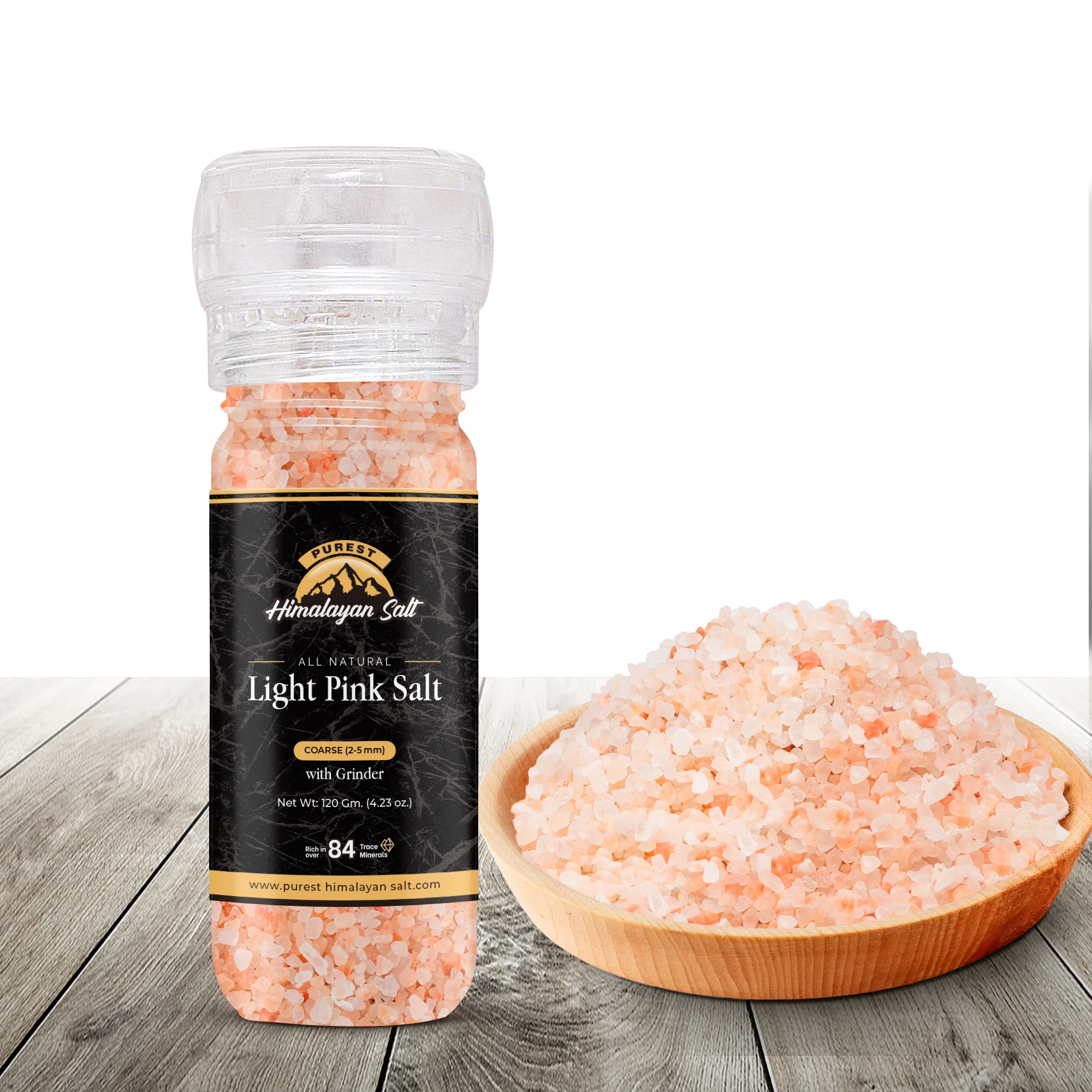 SALT GRINDER 120g(4.23oz) WITH HIMALAYAN LIGHT PINK COARSE SALT 2-5MM CERAMIC CUTTER GLASS GRINDER WITH TRANSPARENT TOP
