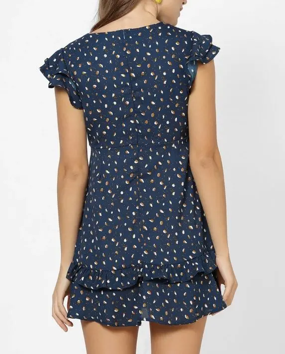 
Wholesale Women Lady Fashion Western Style blue Print polka dress with ruffles Dress 