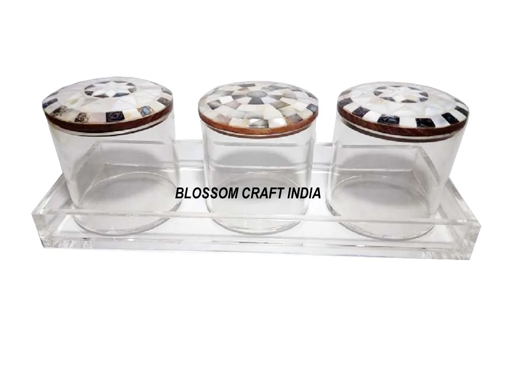 Luxurious Acrylic Jar with Mother of Pearl inlay Bone inlay Wooden Lid Multipurpose Container Boxes