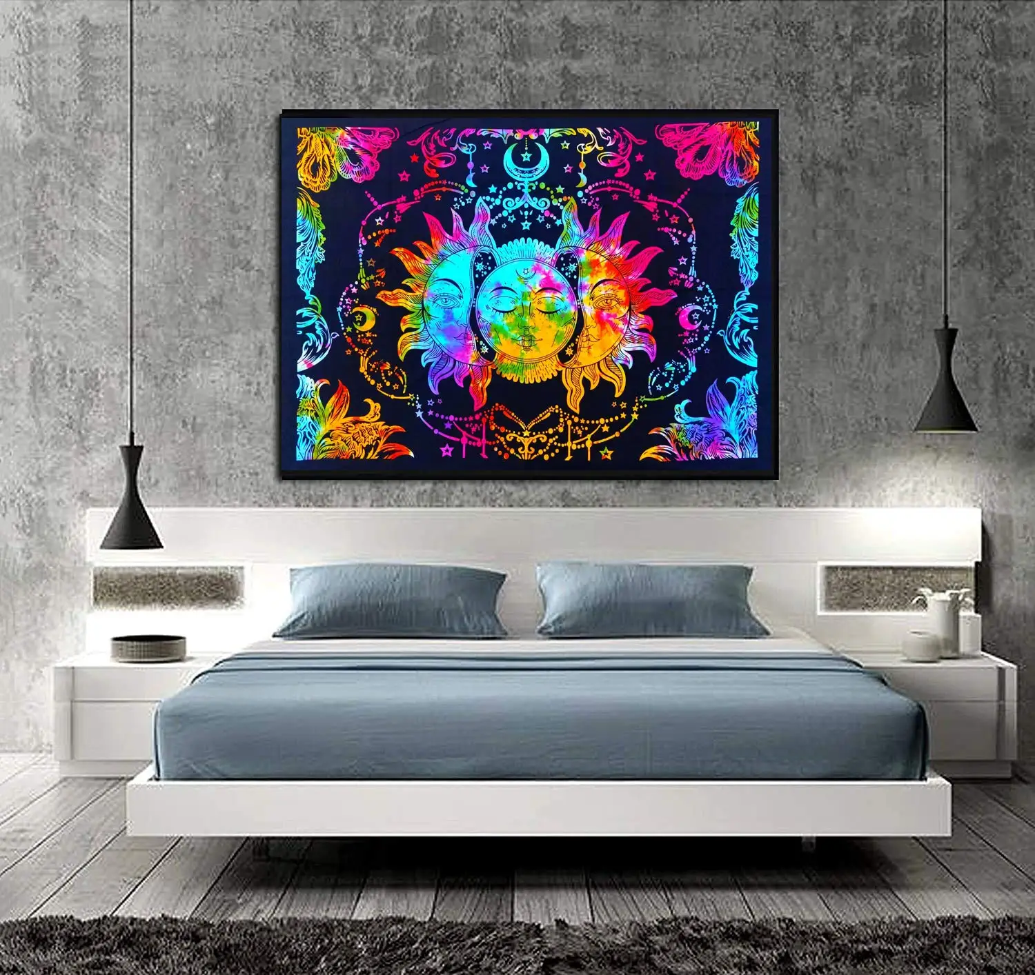 Indian Psychedelic Sun Moon Tie Dye Mandala Hippie Hippy Celestial Wall Hanging Indian Bohemian Tapestries Multi color cotton