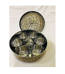 Indian Masala Box Antique Design 7 Cup Spice Container with Lid , Indian spice box, steel spice box