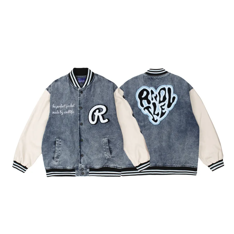 American Retro Hip Hop jacket Love Washed Denim PU Leather Sleeves Embroidered Oversize jacket Baseball varsity jacket Unisex