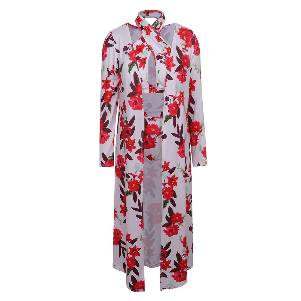 Custom Three-Piece Swimsuit Bikini Set  Chiffon Sarong Cappa  for Womens Print floral Beachwear Bathing suit