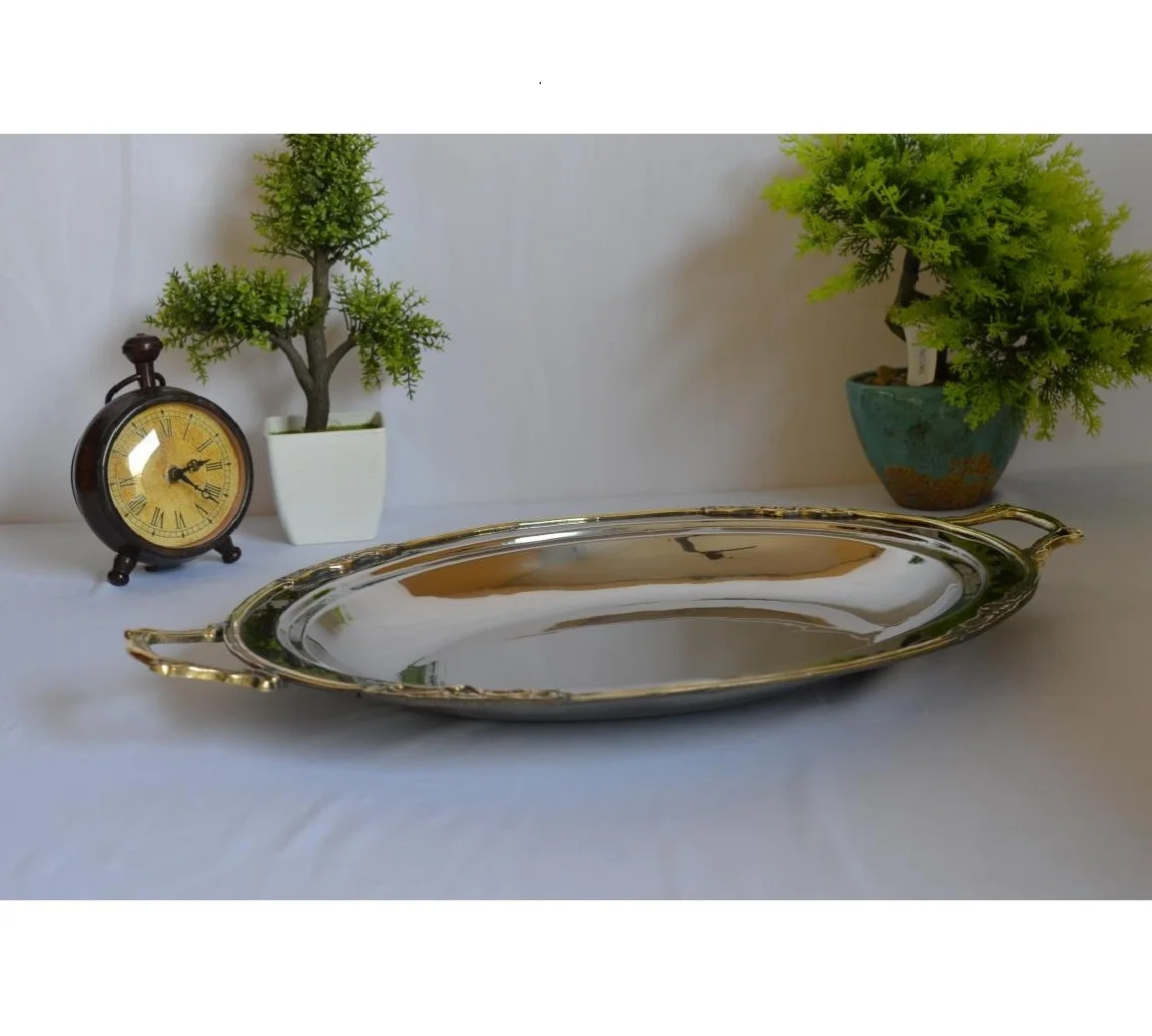 Vantage Modern Luxury Fancy Stainless Steel Oval Tray with acrylic Handles Shiny Polished Tray For Home and Kitchen Usage
