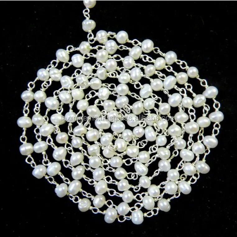 Freshwater Pearl Rosary Sterling Silver Handmade Wire Wrapped Gemstone Chain