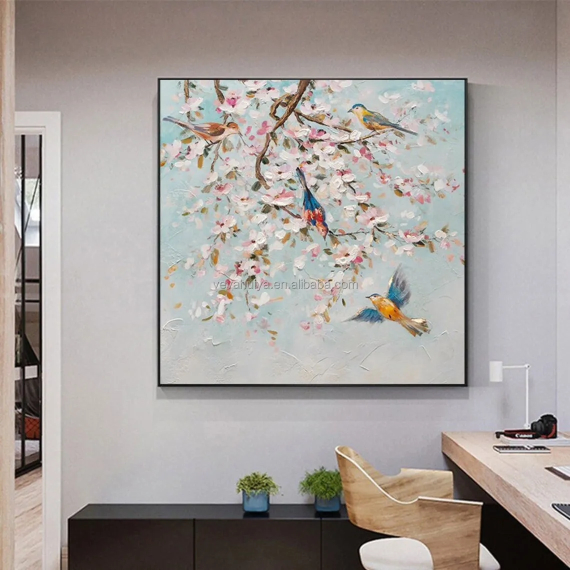 Оригинальная 3D картина маслом палитра нож Картина Дерево Птицы Цветок Ручная роспись на холсте настенное искусство для нового дома как домашний теплый