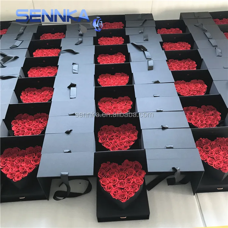 Bases for Flower Arrangements Real Fresh Preserved Rose in Black Heartshaped Gift Box with Ribbon