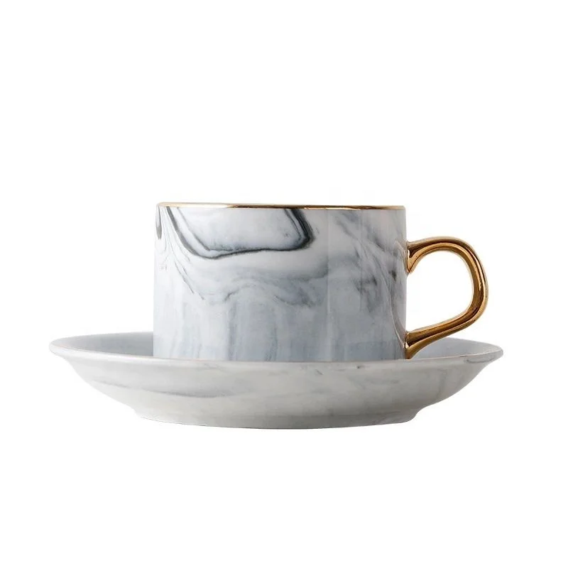 European style luxury simple ceramic coffee cup and saucer European style small luxury marbled afternoon tea cup set gift