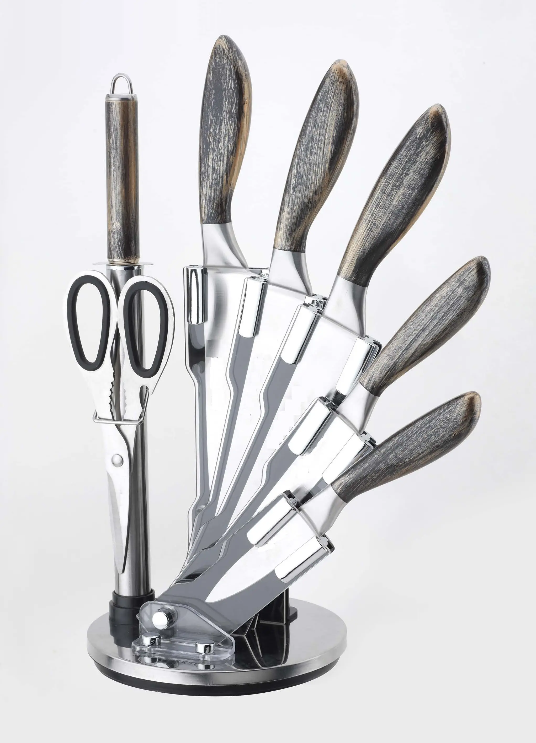 Yangjaing Factory, high quality Hollow kitchenware 430SS Chef knife set, sharpener with antique handle and acrylic stand
