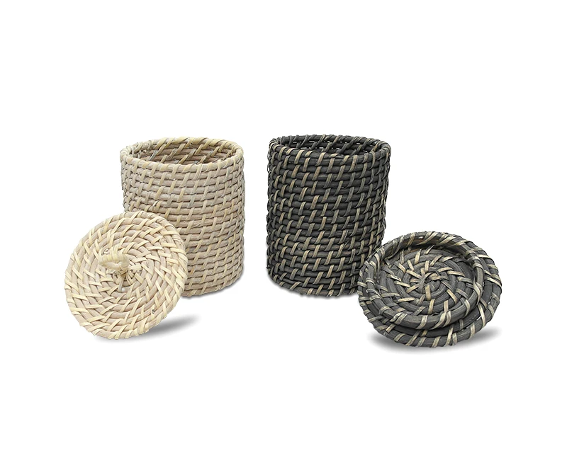 Multiple Functional Woven Rattan Covered Jar Bin Basket with Lid