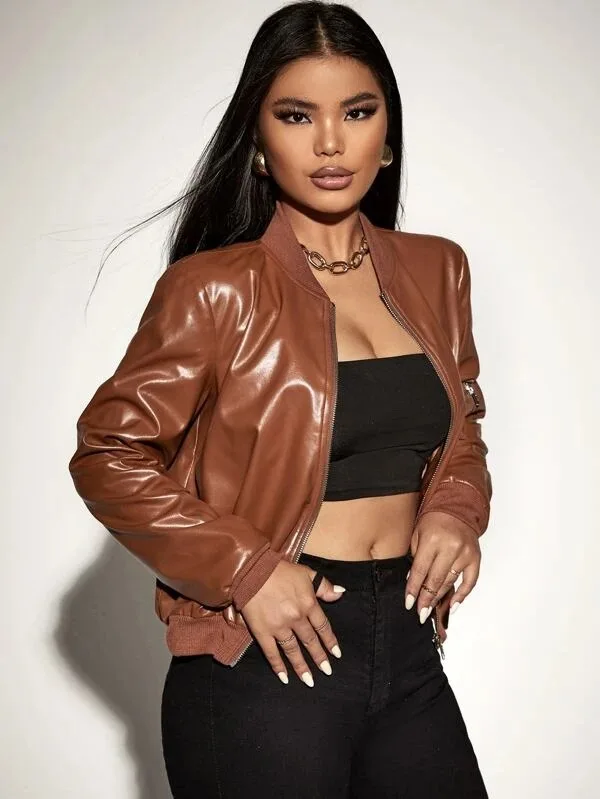 High Quality Zipper Customized Solid Brown Full Sleeved Drop Shoulder 100 % Leather Jacket For Woman