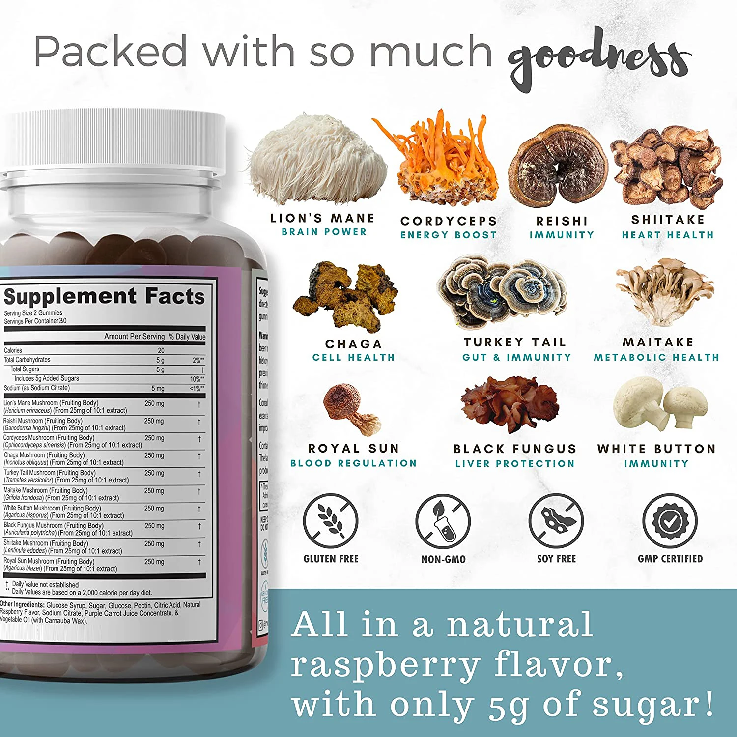 Mushroom Gummies Supports a Healthy Stress Response Wild Raspberry Energy Booster Nootropic (60 Gummies)