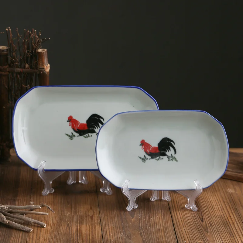 Jade-cer Vintage Hand-painted Cock Design Ceramic Dinnerware Set Porcelain Bowls Dishes & Plates