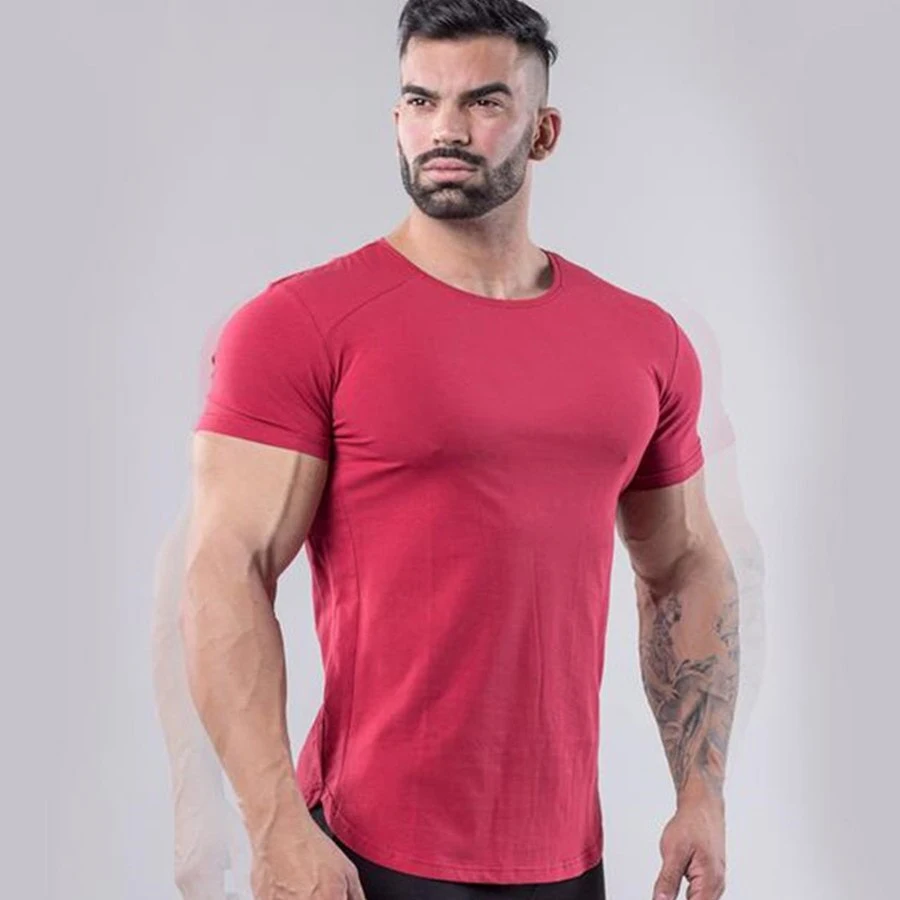 
Повседневные однотонные футболки больших размеров, 100% хлопок, облегающая футболка с зубчатым подолом для спортзала, фитнеса, Мужская футболка для бега, Мужская футболка 