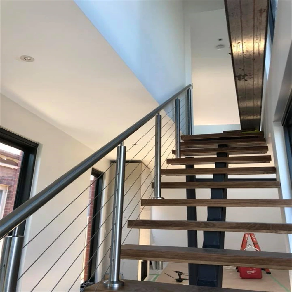 Open riser staircase design with wood handrail stainless steel railing straight mono stringer stairs