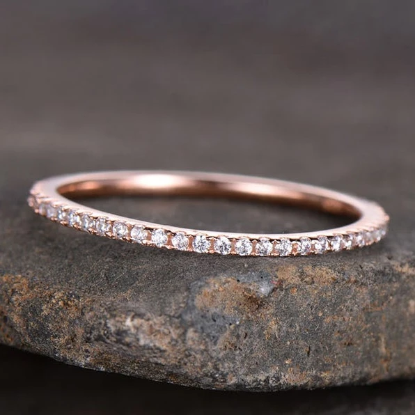 Cubic Zirconia wedding band Full eternity Engagement ring 925 Sterling silver ring Thin Matching band Rose gold Plated CZ Ring